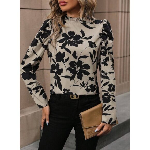 Floral Print Mock Neck Puff Sleeve Blouse - Picture 1 of 4
